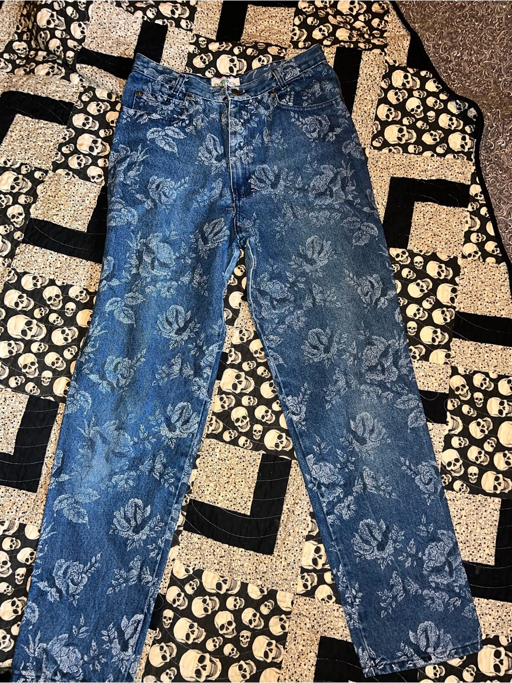 Blue Floral Straight-Leg Jeans